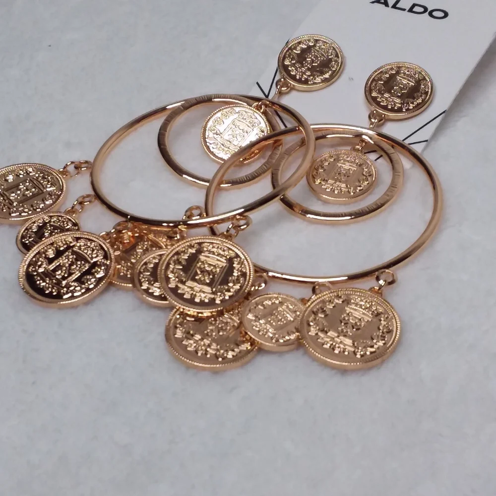 Hoop Coin Pierce Earrings Gold Tone Aldo - Picture 2 of 5